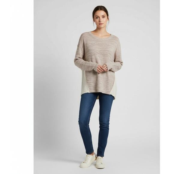 Hem & thread Sweater Women's Size M Mixed Tan Cream Long Sleeve Popover - Picture 3 of 12